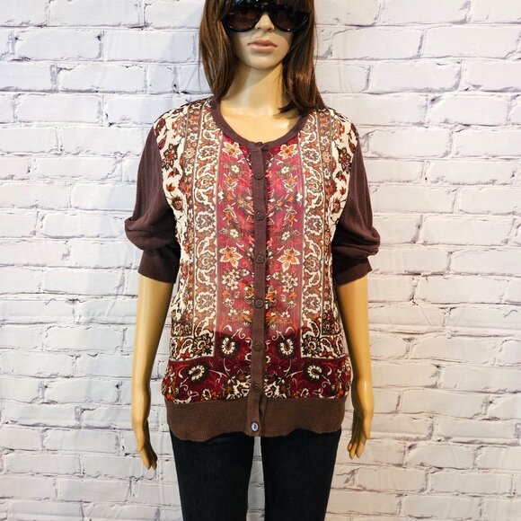 NEW YORK & COMPANY, Boho brown and burgundy button up cardigan - Picture 3 of 12